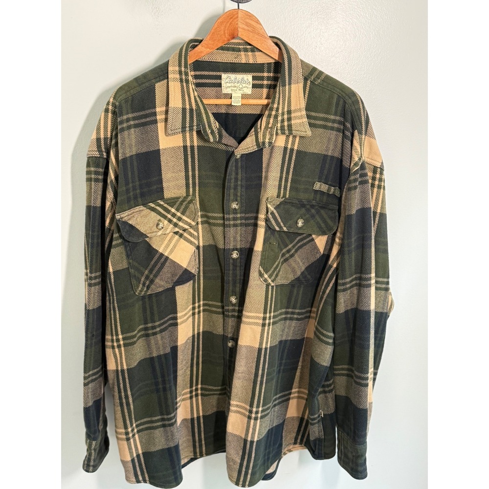 Cabelas Mens 3XL Flannel Shirt Green Tan Plaid Heavyweight Cotton Button Down